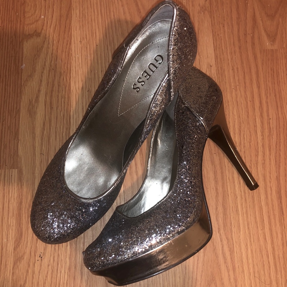 Guess Silver Glitter Platform Stiletto High Heals Size 10